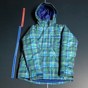 Burton hooded snowboarding jacket boys medium. Green blue light/dark grey plaid